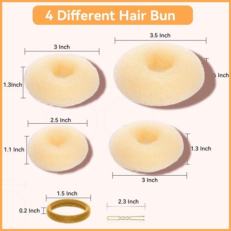 YaFex Hair Bun Maker Set, 3 Pieces (Small, Medium, Large), 6 Hair Elastics, 1 Bag Hairpins, Blonde, Nylon - Image 3